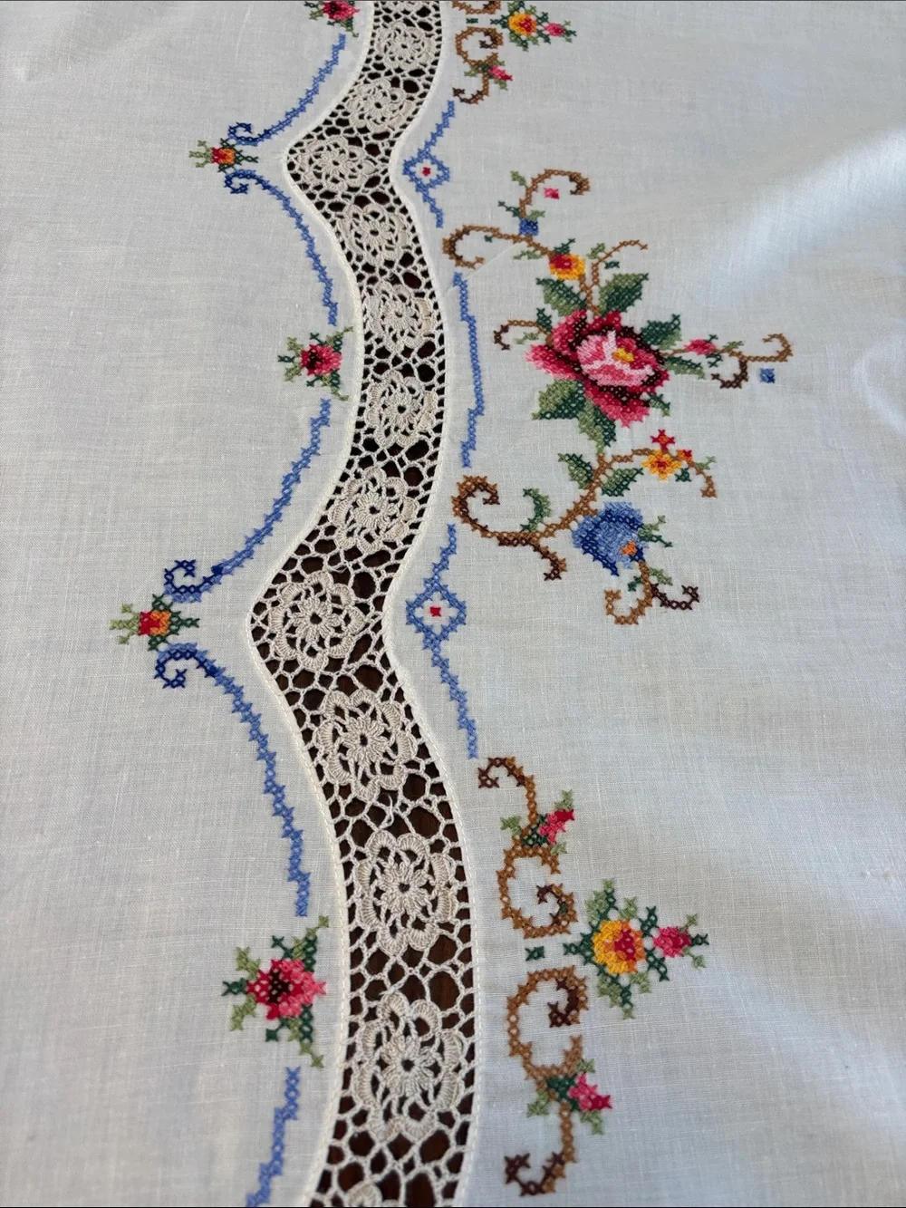 Vintage Large Embroidered & Crochet Floral Tablecloth White, Pink & Multicolor